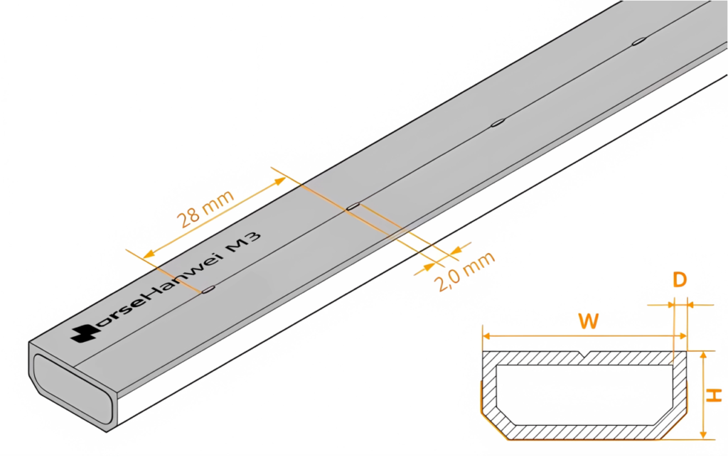 Norsespacer Fiberglass warm edge spacer dimension diagram showing length, width, height, wall thickness, hole diameter, and hole spacing
